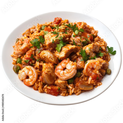 Delicious seafood paella on white plate, isolated on transparent background