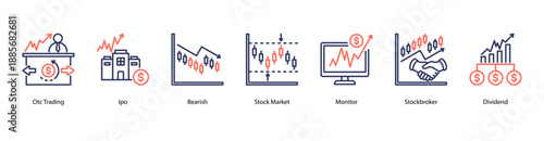 Market Monitoring web banner icon vector illustration featuring OTC Trading, IPO, Bearish, Stock Market, Monitor, Stockbroker, and Dividend.