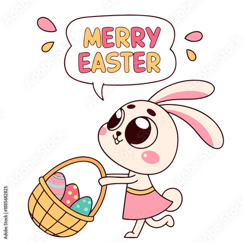 Cute Cartoon Bunny Character Carrying Easter Egg Basket with Speech Bubble