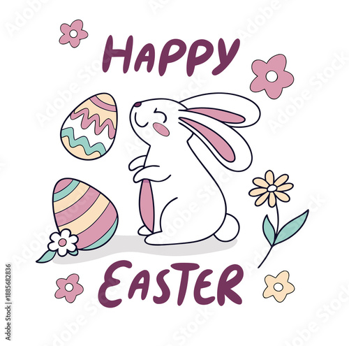 Sleeping White Bunny with Flowers and Patterned Easter Eggs
