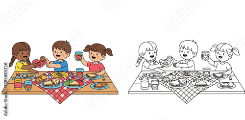 Happy diverse children eating lunch together at table, vector illustration with coloring page outline and colored version.