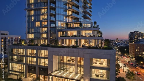 Luxury condominium exterior featuring illuminated balconies and terraces at twilight