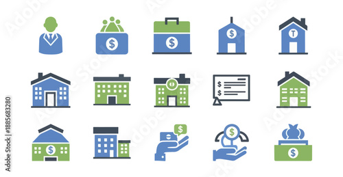 Finance icons set illustrating investment and real estate concepts