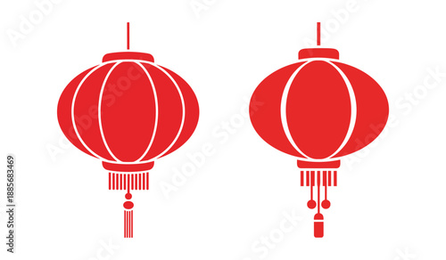 Two red Chinese lanterns with tassels hanging on white background Keywords: Chinese lantern, red, lantern, hanging, tassel, decoration, celebration, festive, traditional, oriental, Asian, culture