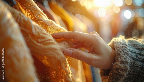 Hand Touching Textured Fabric Garment Hanging on Clothes Rack Warm Golden Sunlight Illuminating Soft Cloth Material Detail Warmth Cozy Atmosphere