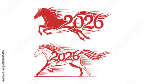 Two red horse silhouettes with 2026 integrated into their flowing manes and tails on a white background Keywords: 2026, horse, year of the horse, new year, celebration, speed, motion, running