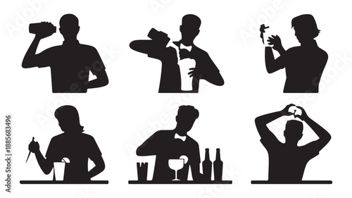 Bartender Silhouettes Preparing Cocktails at Bar Counter