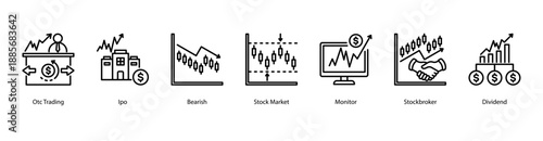 Market Monitoring web banner icon vector illustration featuring OTC Trading, IPO, Bearish, Stock Market, Monitor, Stockbroker, and Dividend.