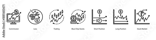 Equity Positions web banner icon vector illustration featuring Commission, Loss, Trading, Blue Chip Stocks, Short Position, Long Position, and Stock Market.