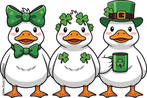 Cute St. Patrick’s Day Ducks Wearing Green Accessories – Cartoon Illustration