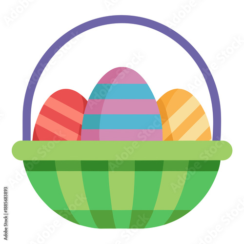 Green Easter Basket Full of Decorated Colorful Eggs Illustration