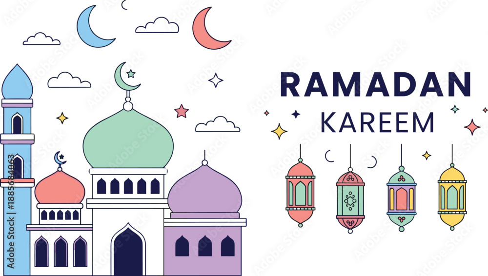 Fototapeta premium Ramadan Kareem, mosque, lanterns, crescent moon, stars, celebration, Islamic, festive, joyful, colorful, cartoon, pastel, vector, flat, greeting, religion, culture, tradition, spiritual, 