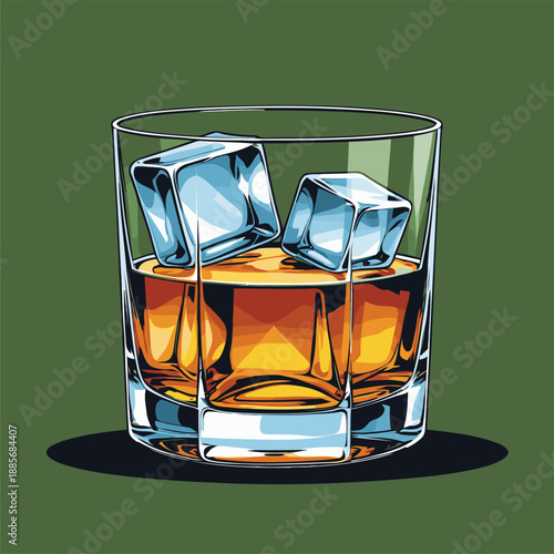 vector image of a whiskey glass and ice cubes