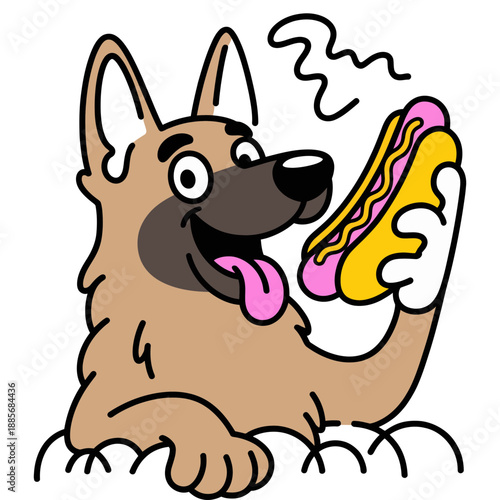 A cheerful german shepherd cartoon dog happily holding a steaming hot dog with sauce and mustard