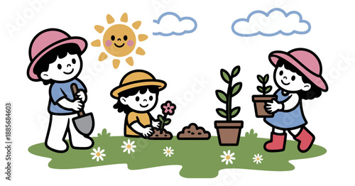 Young children happily engaged in outdoor gardening activities under a bright sunny sky