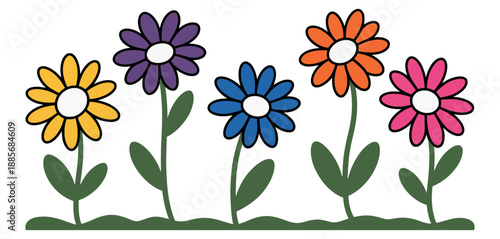 A colorful row of cartoon flowers in various bright hues perfect for a cheerful design
