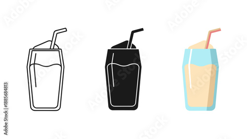 Three glasses of drinks with straws on white background