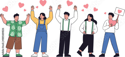 Happy people celebrating love and support illustration with hearts community friendship vector design