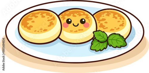 A kawaii-style illustration of cheese pancakes, served on a plate with a mint leaf. The design features a cute, playful style, making it perfect for food-related content