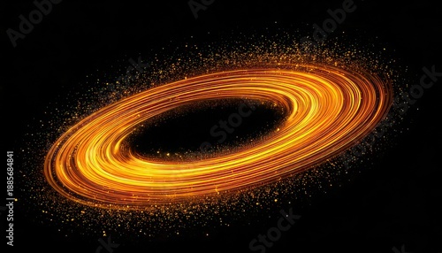 Abstract orange light trails swirling in a circular motion on black.