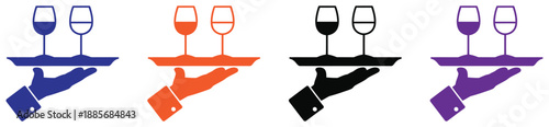 Waiter carrying the tray of wine glasses icon set. Vector illustration. Multicolor hands holding wine glasses on trays in modern serving style .