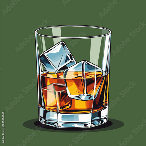 vector image of a whiskey glass and ice cubes