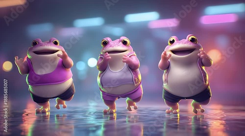 Three cheerful cartoon frogs dancing in a colorful neon setting