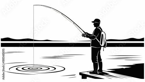 Silhouette of a person fishing on a wooden pier.