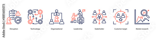 Market Leadership web banner vector illustration featuring Disruption, Technology, Organizational, Leadership, Stakeholder, Customer target, and Market research.