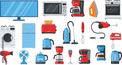 Home household appliances icons set with kitchen electronics vacuum washing machine modern vector illustration