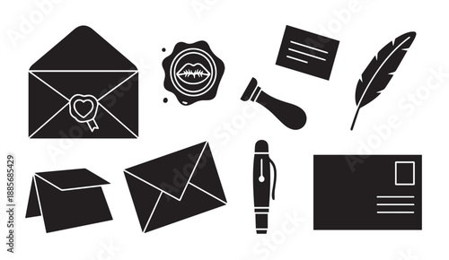 Vector icons of vintage correspondence tools and symbols, including envelopes, seal, and quill.