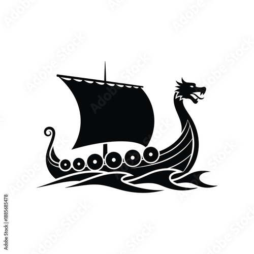 A dragon head with Viking ship silhouette vector art illustration