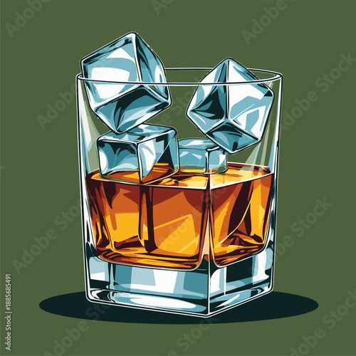 vector image of a whiskey glass and ice cubes