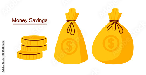 Money savings illustration featuring two bags of money and a stack of coins, with the text Money Savings. Clean vector doodle style, finance apps, budgeting guides, and educational material.