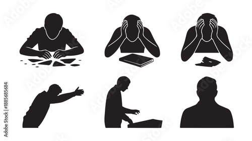 Stressed Man Silhouettes Working on Laptop with Frustration and Anxiety