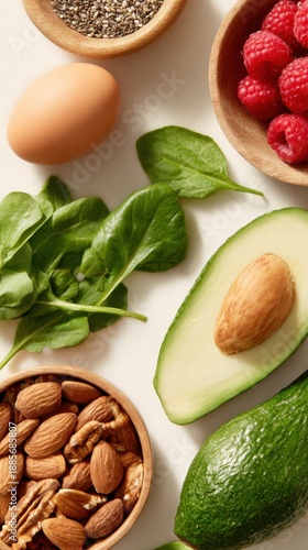 Flat lay of fresh foods on a pastel background egg, avocado, almonds, spinach, raspberries, and mixed seeds