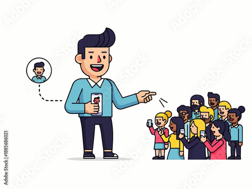 A cheerful man presenting to a diverse group of people while holding a book and having a thought bubble with his portrait, in a flat design illustration vector style with a clean white