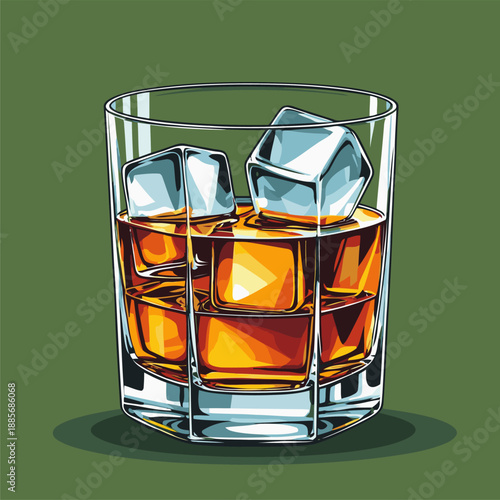 vector image of a whiskey glass and ice cubes
