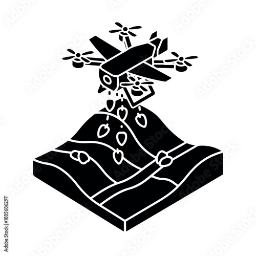 Drone seeding agricultural land with crops modern farming technology.