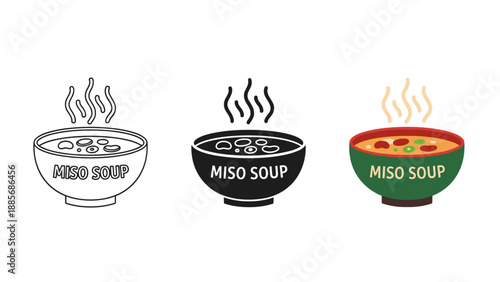 Three bowls of steaming miso soup in different styles
