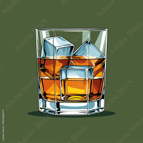 vector image of a whiskey glass and ice cubes