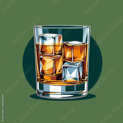 vector image of a whiskey glass and ice cubes