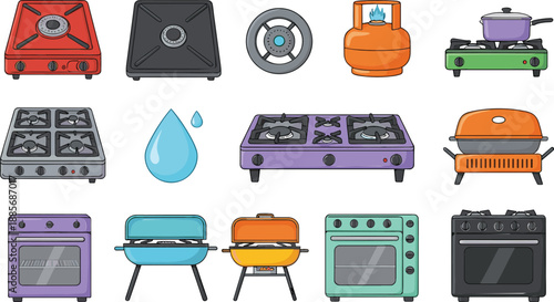 Kitchen cooking appliances and gas equipment icons set with stoves grills ovens cookware vector illustration