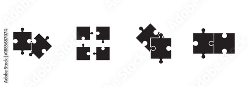 Puzzle pieces icon set, black silhouette, interlocking shapes, problem solving concept, completed puzzle grid, vector design, teamwork symbol, strategy.