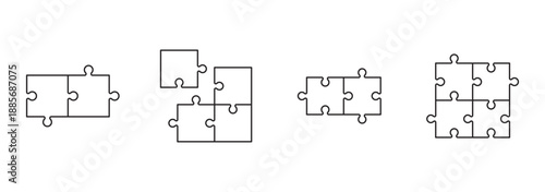 Puzzle pieces icon set, black silhouette, interlocking shapes, problem solving concept, completed puzzle grid, vector design, teamwork symbol, strategy.