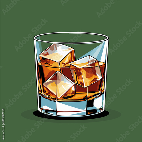 vector image of a whiskey glass and ice cubes