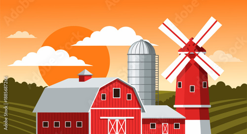 Vibrant Vector Illustration of a Rustic Farm Scene with Barn, Silo, and Windmill at Sunset