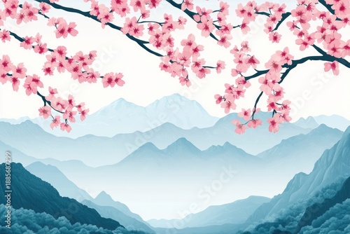 Blooming cherry branches framing tranquil mountain landscape in soft blue tones. Delicate flowers contrast with misty layers of distant peaks, serene and poetic scene inspired by Asian aesthetics