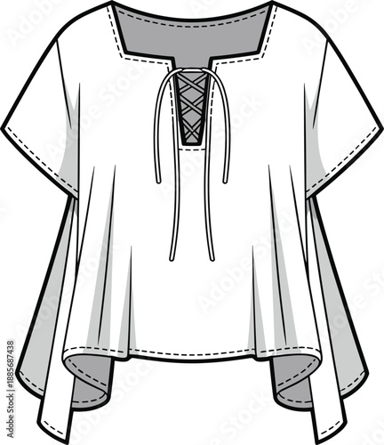 Fashion flat sketch of a white short-sleeved peasant blouse with lace-up neckline lace-up blouse short sleeve blouse