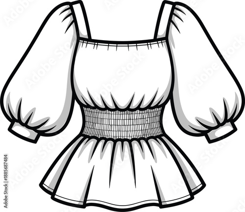 Fashion flat sketch of a white square neck top with smocked elastic waistband and puffy full length sleeves
